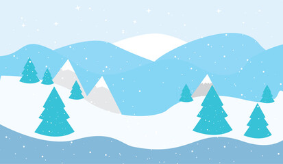 Illustration: Cartoon winter snowy mountain landscape with pine trees and hills.