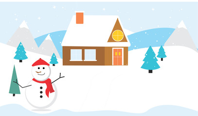 Illustration: Cartoon winter snowy mountain landscape with pine trees, snowman, house and hills.