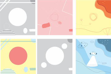 6 Isolated minimalist abstract art backgrounds containing spaceship, stars, squares, circles in pastel tones