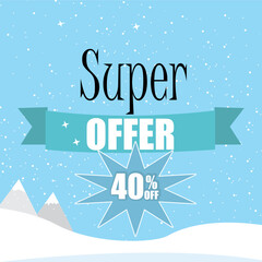 Banner 40% off, super winter offer of forty percent off with background with mountain and snow in blue color