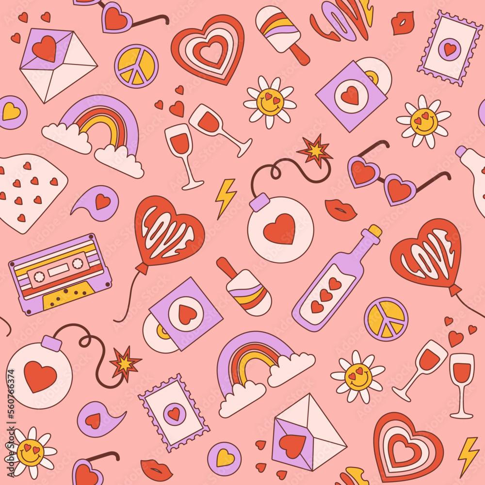 Aufkleber groovy romantic seamless pattern in trendy retro 60s 70s cartoon style. vector background in pastel 