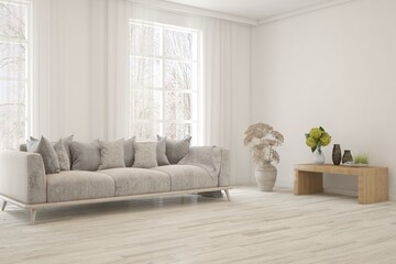 White living room with sofa. Scandinavian interior design. 3D illustration
