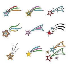 A set of cartoon colorful vector illustrations of stars, comet, salute, fireworks, isolated on a white background.