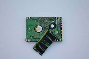 Image of a ram memory and a hard disk of a computer. Technological components of a pc.
