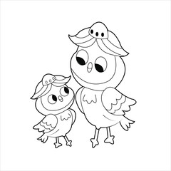 Cute cartoon happy bird coloring page for kids and adult