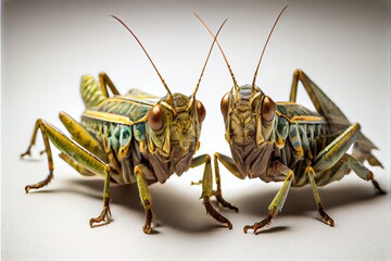 A close up of two grasshoppers