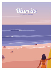 Panoramic view
sunset in Biarritz, France. view coastline with sand beaches and wave. Holidays in France. vector illustration with colored style for poster, postcard, card, art print.