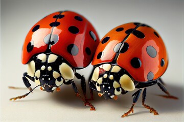 A close up of two ladybugs