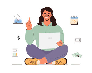 Online tax payment vector illustration. Government taxation concept. Data analysis, paperwork, financial research, report. Young woman pay tax bills online on the website form via laptop.