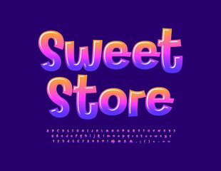 Vector glossy sign Sweet Store. Funny handwritten Font. Playful style Alphabet Letters and Numbers