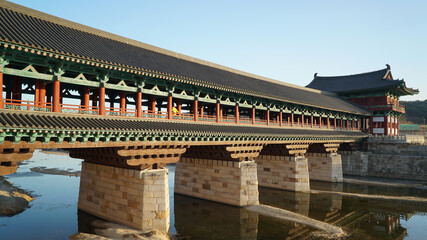 Woljeonggyo Bridge in the afternoon.The lost wooden bridge was reconstructed based on historical records and historical research.