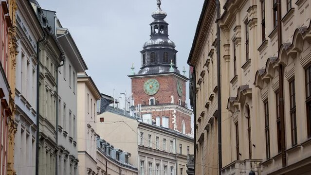 Town Hall Tower on Old Town of Krakow city in Poland, 4k video