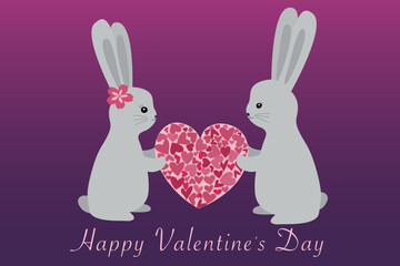 Cute rabbits are holding a heart. Love concept. Vector illustration isolated on white background.