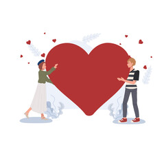 love and relationship concept. Mini people standing with big red heart. Cute couple in love with big red heart.