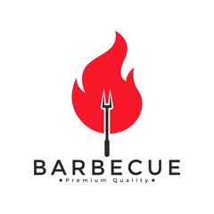 Grill Barbeque barbecue bbq with fork and fire logo design template