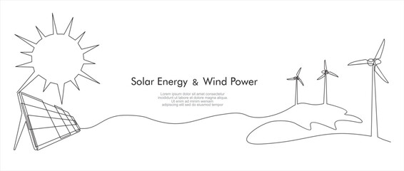 Fototapeta One continuous line drawing of Wind turbines and Solar Panels . Alternative energy sources (wind, sun), hand drawn sketch. obraz