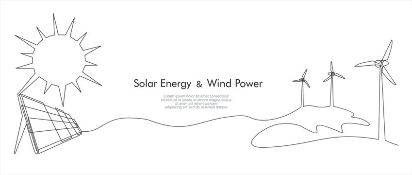One continuous line drawing of Wind turbines and Solar Panels . Alternative energy sources (wind, sun), hand drawn sketch.