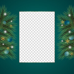 Christmas photo frame Christmas leaf golden snowflakes Christmas balls and Christmas lights