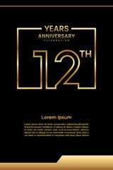 12th Anniversary template design with gold color for celebration event, invitation, banner, poster, flyer, greeting card, book cover. Vector Template