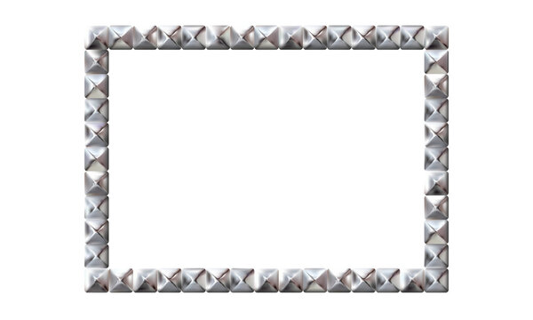 Rectangle realistic frame from silver square rivets pyramid claws for leather. Slender. Steel, photo frame template. For picture. png