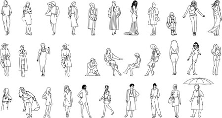 set of collection of vector sketch designs detailed illustrations of people doing activities