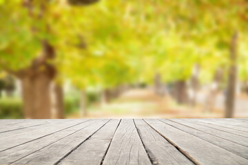 light wooden table on blurred nature bokeh background