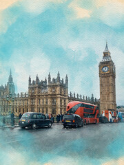 Obraz na płótnie Canvas London Big Ben watercolor pattern travel colorful illustration