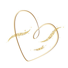 Gold heart and shiny golden sparkles on white background. Abstract glitter heart. Love, wedding, Valentine day design element. Abstract vector illustration.