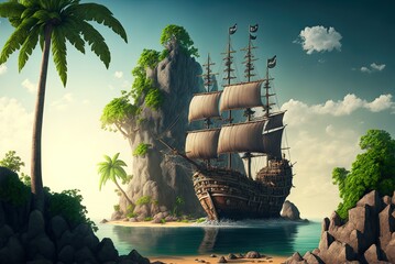Naklejka premium a filibuster boat in the tropics with a pirate ship. Generative AI