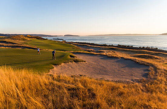 Golfers at Chambers Bay golf course, site of the 2015 US Open, near Tacoma, WA on a sunny evening.