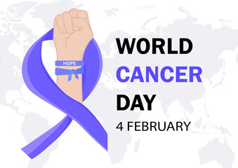 World Cancer Day banner. A hand with a ribbon in front of a world map