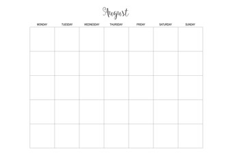 August calendar, Monthly Planner Calendar, KDP Interior, To Do Planner, Vector PDF, Blank Calendar