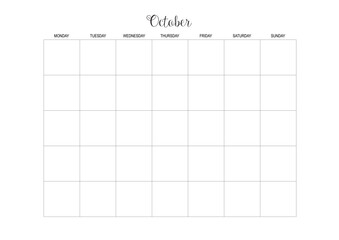 October Calendar, Monthly Planner Calendar, KDP Interior, To Do Planner, Vector PDF, Blank Calendar