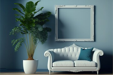 3d rendering living room interior with white sofa and decorated by empty photo frame on blue paint concrete wall and plant in pot.hyperrealism, photorealism, photorealistic