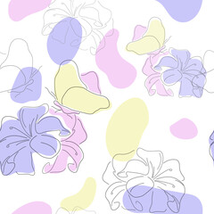 Natural seamless pattern with butterflies and lilies. Minimalist style. Natural print with flowers. Packaging template, graphic design, textiles, bedding and wallpaper.
