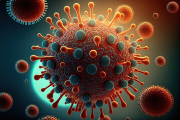 Coronavirus COVID-19 under the microscope. 3d illustration yellow and red virus (ai generated)
