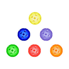Set colorful pickleball balls. Pickleball Sports equipment for outdoor games. Active sports for elderly and for whole family. Vector 3d illustration on white background