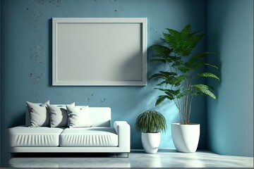3d rendering living room interior with white sofa and decorated by empty photo frame on blue paint concrete wall and plant in pot.hyperrealism, photorealism, photorealistic