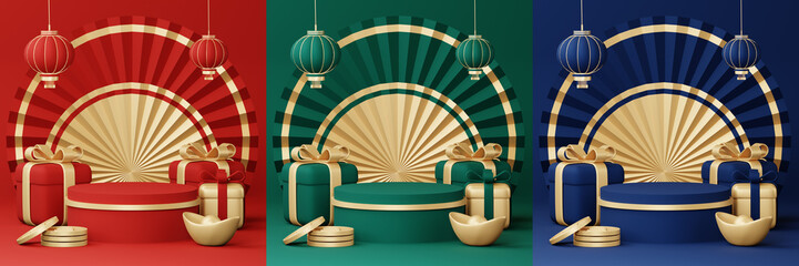 Chinese New Year celebrations , Festive gift card templates with realistic 3D design elements, holiday banners, web posters, flyers, and brochures, greeting cards . 3D Rendering