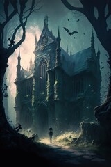 Gothic cathedral with bats in dusk. Generative ai.