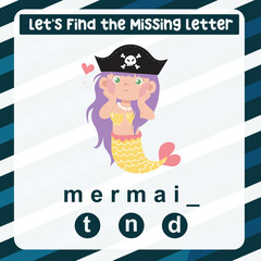 Missing letter worksheet. Complete the letters activity. Kids educational game. Writing practice. Vector file.