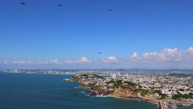 Mexico, lookout Mirador Del Faro and Mirador Crystal panoramic aerial skyline of Mazatlan.