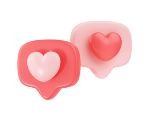 3d social media love hearts icon render - two message red bubble for chat and network speech on mobile phone