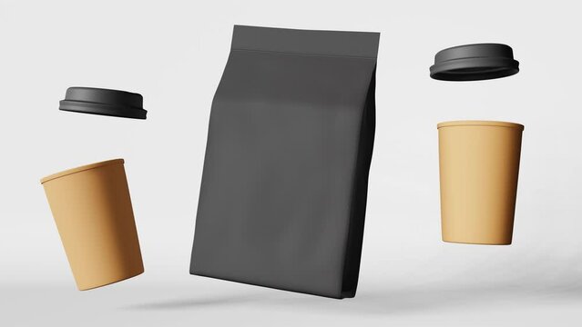 Black pouch bag coffee cups with lids levitating 3D animation. Coffee shop discount demonstration showcase Floating hot beverages sale. Cafe branding promo design Flying blank packaging label template