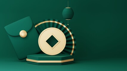 Green Chinese New Year celebrations , Festive gift card templates with realistic 3D design elements, holiday banners, web posters, flyers, and brochures, greeting cards . 3D Rendering