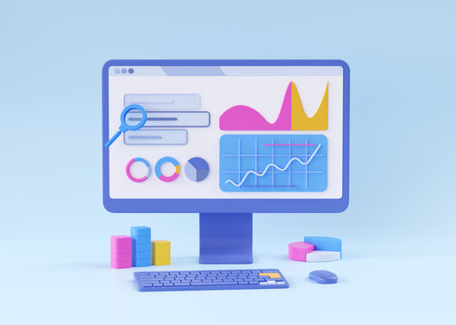 Seo 3d research render illustration - bussiness tool creative concept. Social media web infographic design