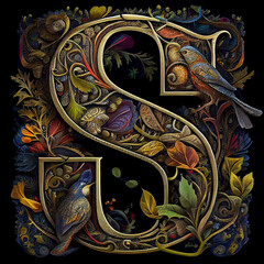 The letter S as an illuminated letter using various birds