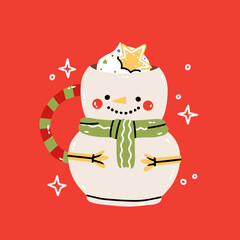 Snowman mug. Christmas cute cocoa chocolate cup. Childish print for cards, stickers, apparel, decoration. Cute menu illustration. Cute mug element, New year or winter holiday vector illustration