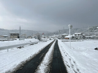 冬の田舎道　雪に覆われた農村