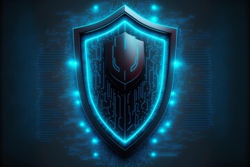 Cybersecurity technology privacy concept to protect data. A shield against a dark blue background